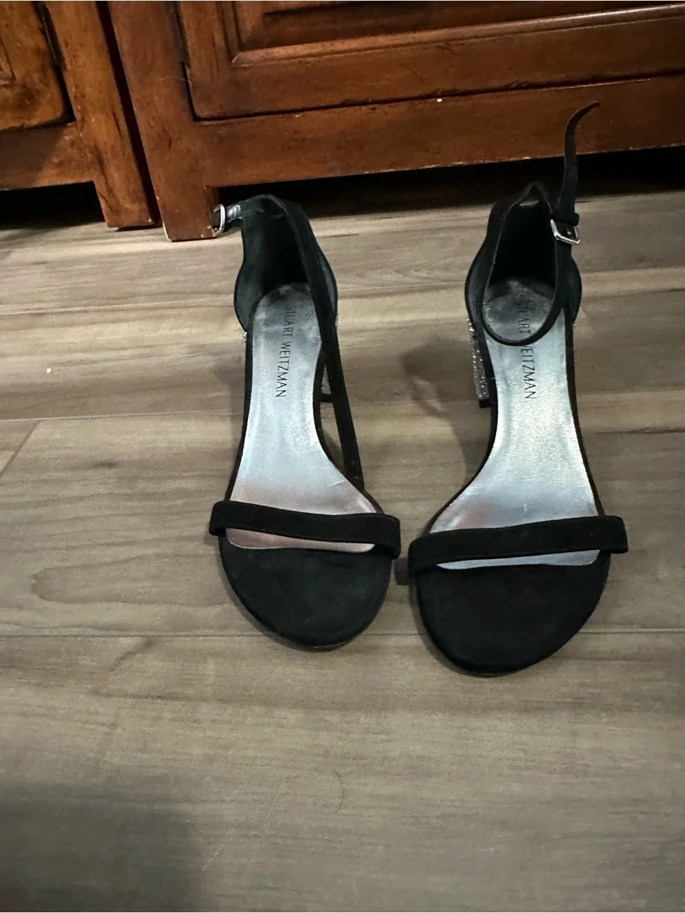 Stuart Weitzman Black Suede Ankle-Strap Sandals with Silver Glitter Block Heel